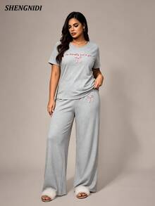 Women's Plus Size Short Sleeve Long Pants Pajama Set, Loungewear, Spring/Summer - Light Grey - View 5
