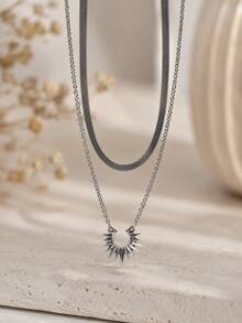 2pcs/Set Double Layer Stacked Flat Snake Chain + Spiked Sun & Moon Pendant Thin Chain, Unisex Minimalist Hip Hop Punk Collarbone Necklace - Silver - View 2