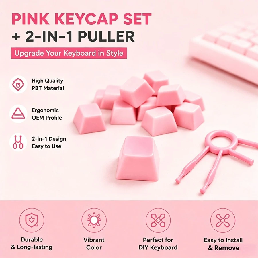 Pink PBT XDA Profile Keycap 30/50/100Pcs Mechanical Keyboard DIY Replacement Key Caps Kit Universal Gaming Keyboard Accessories With Free 2-In-1 Keycap Switch Puller - View 1