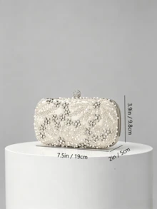 1pc Apricot Handmade Beaded Evening Clutch, Pearl & Rhinestone With Embroidered Floral Pattern, Ball-Shaped Rhinestone Clasp Design, Detachable Chain, Wedding Party Gala Dress Accessory Clutch Bag - Apricot - View 3