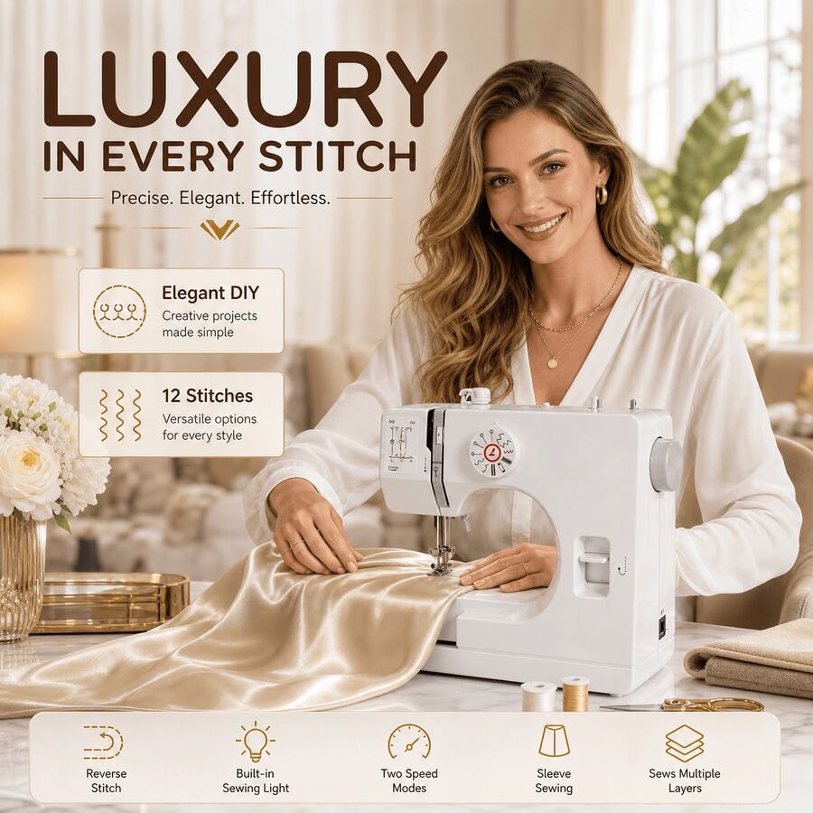 SMEGGEMS Sewing Machine With 12 Built-In Stitches, Portable Household Tabletop Design, Multi-Function Stitch Selection, Adjustable Stitch Length And Automatic Bobbin Winding - White - View 1
