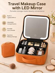 LED Makeup Mirror Cosmetic Bag, Large Capacity Cosmetic Storage, 3 Color Lights, Dimmable Touch Control, Adjustable Dividers, Portable Travel Cosmetic Organizer, Skincare, Brushes & Cosmetics, Gift For Girls And Women - Multicolor - View 4