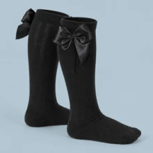 Girls' 3/4 Knee-High Party Socks With Satin Bow, 16-33, For Baptism, Wedding, Flower Girl, Social, Dance, Events, Elegant, School - 黑色,粉紅色與紅色 - 查看 4