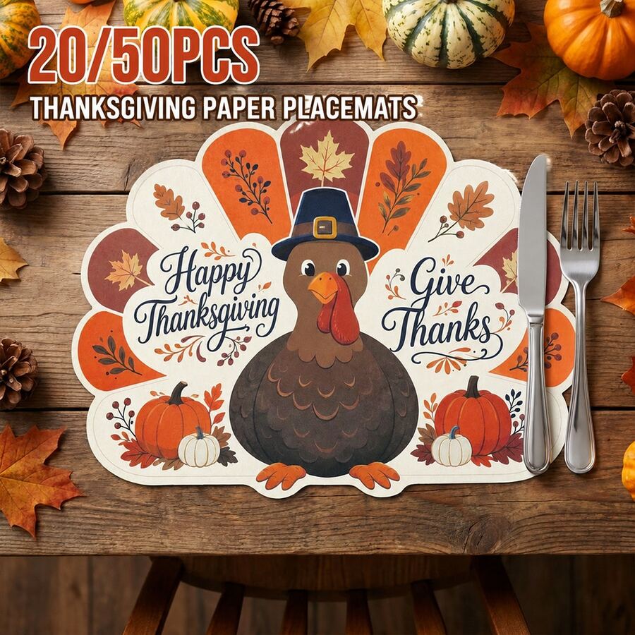 20/50Pcs Thanksgiving Turkey Paper Placemats, Multi-Scene Table Mats, Turkey Shaped Cartoon Style Placemats, Suitable For Thanksgiving, Harvest Festival Table Decoration - View 1
