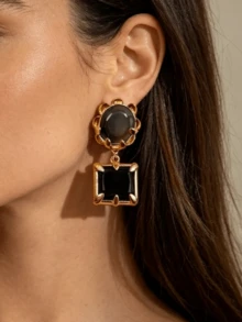 ZAA Antique Gold Two-Tier Gemstone Dangle Earrings, Vintage Medieval Earth Tone Statement Earrings For Fall Party - Geometric Resin Earrings - View 9