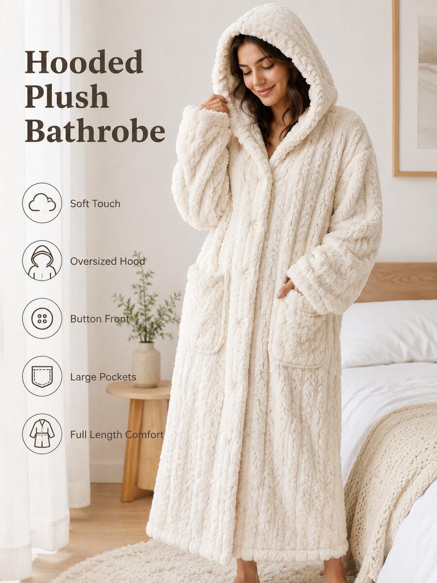 Women's Thick Plush Hooded Bathrobe, Soft Warm Fleece Long Robe, Front Button Design, Large Pockets, Loose Comfortable Loungewear, Suitable For Home, Sleep, SPA And After Bath, Autumn/Winter Style, Christmas And Mother's Day Gift - Multicolor - View 1