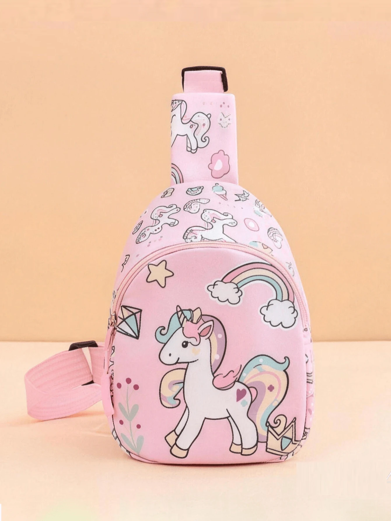 1PC Toddler Pink All-Over Print Unicorn Chest Bag, Rainbow Star Diamond Crown Print, Adjustable Shoulder Strap Crossbody Bag, Suitable For Toddler Outings, Play And Leisure - Pink - View 1