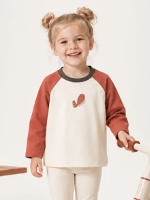 mini bala Baby Girls Contrast Color Raglan Sleeve Cartoon Print Top - Rust Red - View 3