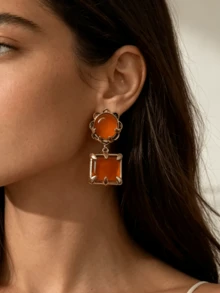ZAA Antique Gold Two-Tier Gemstone Dangle Earrings, Vintage Medieval Earth Tone Statement Earrings For Fall Party - Geometric Resin Earrings - View 3