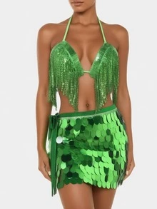 Sequin Fringe Halter Bra Large Sequin Tie Hip Skirt Latin Dance Stage Party Outfit (Multiple Colors Available) - Multicolor - View 3