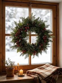 2pcs/1pc Artificial Plants, Artificial Christmas Pine Wreath, Faux Greenery Hanging Wreath Featuring Artificial Berries And Pine Cones, Christmas Decoration, Suitable For Home Wall Decor, Front Door, Indoor/Outdoor Decor, Window, Wall, Home Party, Holiday Party Arrangement, Winter, Christmas Home Decor, Christmas, Table Centerpiece Decor, Fireplace Decor, Outdoor Decor, Garden Decor, Scene Arrangement - Dark Green - View 3