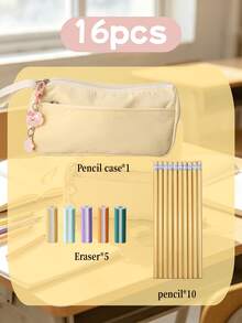 Cream Style Double-Layer Pencil Case Stationery Set, Includes Large Capacity Pencil Case, 10 Pencils And 5 Colored Erasers, Complete Set Of Daily Writing Supplies. Simple And Soft Macaron Color Scheme, Cute And Healing, Popular Among Students. The Pencil Case Features A Double-Layer Partition Design, Large Opening With Expanded Space, Smooth Zipper Opening And Closing, Paired With Cute Cartoon Pendant, Outstanding Appearance. - Sets - View 8