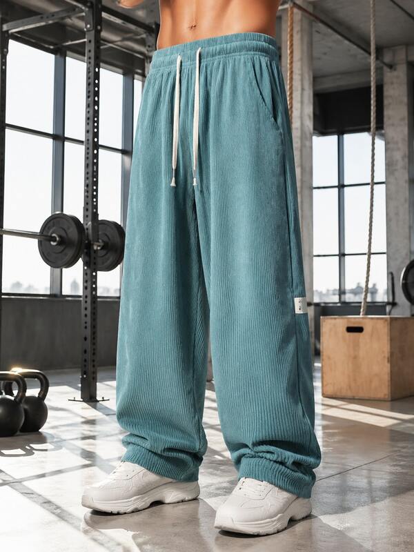 1pc Men's Loose Corduroy Pants, Pure Blue Wide Leg Drawstring Waist Casual Long Pants, Made Of Soft Fabric, Breathable Outdoor Fitness Training Streetwear Sweatpants