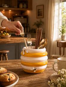 1pc Bee Shaped Kitchen Countertop Utensil Holder, Cute Cutlery Storage Box, Can Hold Forks, Spoons, Chopsticks, Honeycomb Style Utensil Organizer, Farmhouse Kitchen Decor, Countertop Utensil Rack, Housewarming Gift - Multicolor - View 10