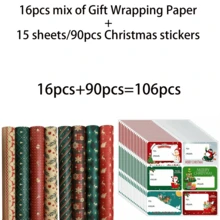 34/68/106pcs Christmas Gift Wrapping Paper Santa, Snowflake, Stripe, And Christmas Tree Designs, Includes Christmas Stickers - Multicolor - View 9