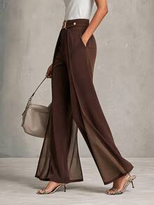 Mature Women's Brown High Waist Wide Leg Pants, Metal Buckle Belt Pleated Loose Fit Elegant Business Casual Trousers - Coffee Brown - View 5