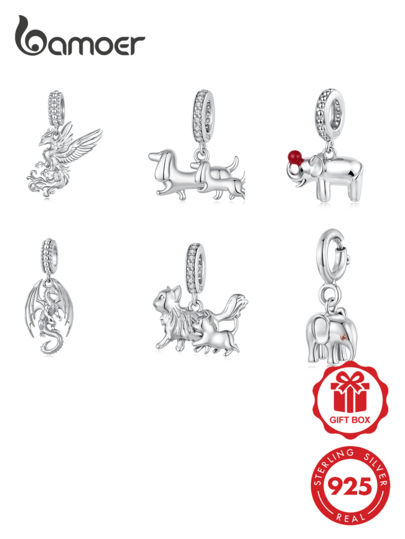 Bamoer Fantasy Myth & Pet Pingente Pendente de Prata S925 Fênix Dragão Gato Cachorro Elefante Acessório de Pulseira DIY Lembrança Presente
