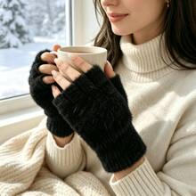 1 Pair Women's Fingerless Knit Plush Gloves, Essential For Winter Travel Warmth, 5 Colors Available - Black - View 5