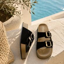 Summer New Double Strap Thick Sole Sandals For Women, Outdoor Wear, Retro Versatile Elegant Style, Slip-On Sandals, Beach Sandals, Slides, Lightweight & Delicate - Black - View 2