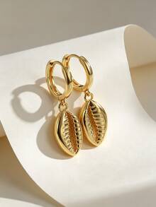 Charm-In 18K Gold Plated Copper Cowrie Shell Huggie Hoop Earrings, Textured Shell Dangle Earrings, Summer Beach Ocean Jewelry For Women Daily Wear - Gold - View 5