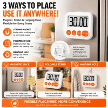 Large LCD Display Digital Kitchen Timer, Magnetic Countdown Timer With Loud, Low & Silent Alarm Modes,Count Up & Countdown,Strong Magnet,Foldable Stand,Hole For Cooking - White - View 6