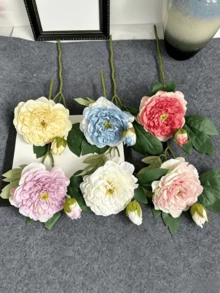 1pc Artificial Peony Flower With Buds And Green Leaves, Realistic Faux Peony, Artificial Flower, Fake Flower, Suitable For Home Decor, Room Decor, Bedroom Decor, Wedding Decor, Tabletop Decor, Indoor And Outdoor Decor, Autumn Decor, Halloween Decor - Multicolor - View 4