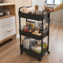 3 Tier Storage Trolley On Wheels – Narrow Rolling Rack For Kitchen Bathroom Laundry, Black/White Space-Saving Organiser - Black - View 3