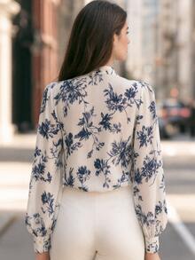 Women's Elegant Printed Tie Neck Blouse, Spring/Autumn Long Sleeve Lantern Sleeve Woven Top - Apricot - View 5