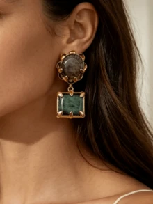 ZAA Antique Gold Two-Tier Gemstone Dangle Earrings, Vintage Medieval Earth Tone Statement Earrings For Fall Party - Geometric Resin Earrings - View 4