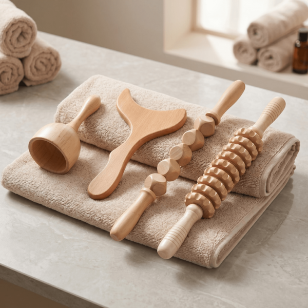4-In-1 Natural Beech Wood Massage Tool Set With Drawstring Storage Bag, Handheld Wooden Roller Stick, Body Gua Sha Board, Massage Cup, Head Massager, Portable Home SPA Body Care Accessories