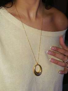 1pc 18K Gold Plated Stainless Steel Geometric Oval Pendant Necklace, Minimalist Vintage Luxury Necklace, Suitable For Daily Wear - necklace - View 2