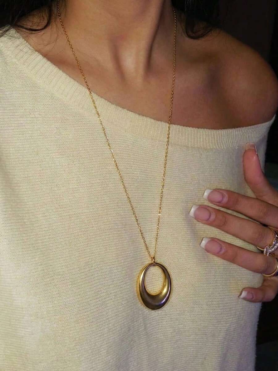 1pc 18K Gold Plated Stainless Steel Geometric Oval Pendant Necklace, Minimalist Vintage Luxury Necklace, Suitable For Daily Wear