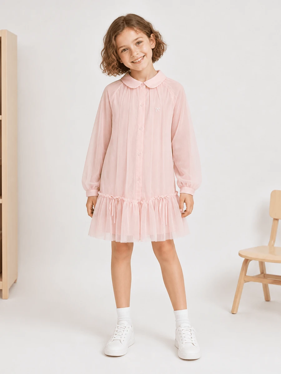 Balabala Vestido de malla con parches estilo camisa para niña preadolescente, Colección Primavera 2026
