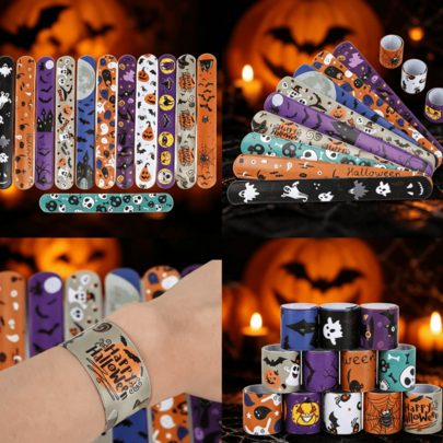 10 Pieces. Halloween Themed Parties, Role-Playing Activities, Birthday Parties, Incorporating Halloween Bracelets, Quirky Cartoon Themed Button Bracelets, Durable And Reusable Party Toy Accessories. Random