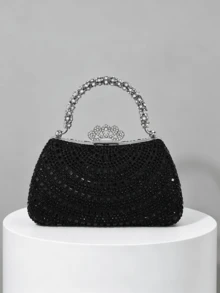 1pc Luxury Black Rhinestone Evening Clutch Bag, Elegant Rhinestone Handle With Crown Lock Design, Exquisite Heavy Rhinestone Craftsmanship, Handheld Or Chain Crossbody, Suitable For Banquet, Wedding, Party, High-End Dress Matching Clutch - Black - View 6