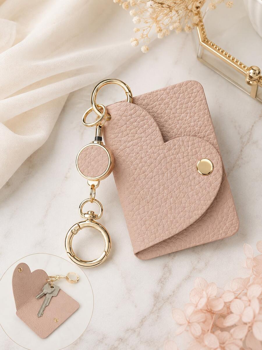 Women's Cute Heart-Shaped Keychain | Mini Keychain Wallet | Fashion Bag Charm & Car Key Holder, Back Card Slot (Also As Bag Accessory) - Multicolor - View 1