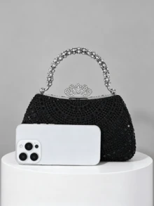 1pc Luxury Black Rhinestone Evening Clutch Bag, Elegant Rhinestone Handle With Crown Lock Design, Exquisite Heavy Rhinestone Craftsmanship, Handheld Or Chain Crossbody, Suitable For Banquet, Wedding, Party, High-End Dress Matching Clutch - Black - View 4