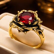 1pc Gothic Style Rose Ring 5A Cubic Zirconia Gold Red Stone Personalized Ring Unisex Vintage Floral Ring Party Anniversary Gift - Gold - View 1