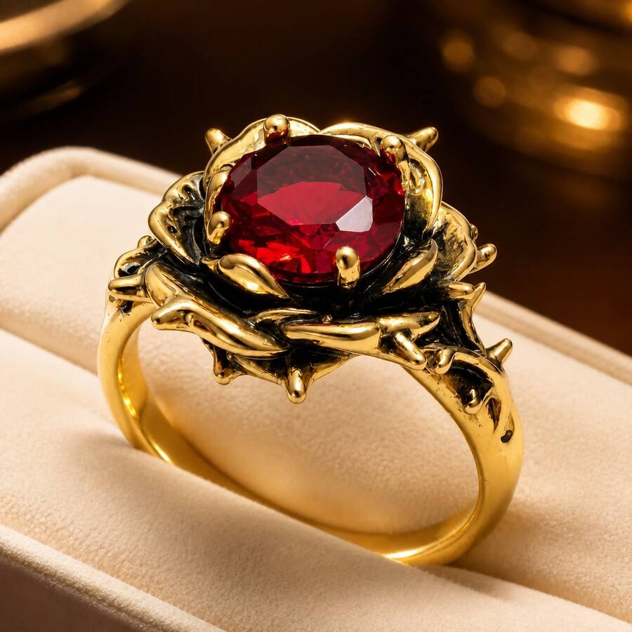 1pc Gothic Style Rose Ring 5A Cubic Zirconia Gold Red Stone Personalized Ring Unisex Vintage Floral Ring Party Anniversary Gift - Gold - View 1