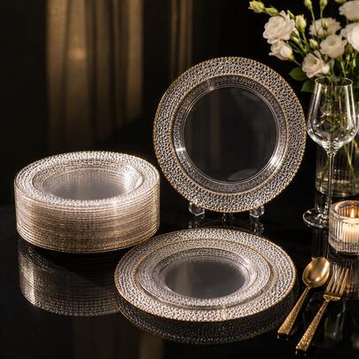 25/50‑Pack Hammered‑Textured Clear Plates With Double Gold Rim, 10.25" & 7.5", Crystal‑Finish Tableware. Ideal Plates For Halloween, Christmas, Easter, Valentine's Day And New Year Parties, Great For Hosts And Home Cooks, Perfect Festive Table Decor.