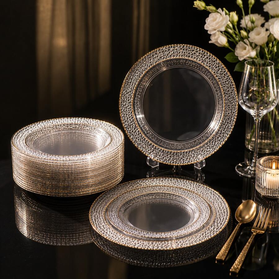 10/25/50pcs Transparent Dragon Scale Pattern Dessert Plate Set, 7.5 Inch Premium Dessert Plates And 10.25 Inch High-End Dinner Plates, Elegant And Exquisite Dinnerware Set Perfect For Parties, Weddings, Birthdays, Balls, Dinners, Events And Picnics, Also Suitable For Halloween, Christmas, Thanksgiving, New Year And Other Gatherings. Pizza Tray, Serving Dishes, Snack Tray, Plates Dinner Sets, Trays For Serving, Party Supplies.