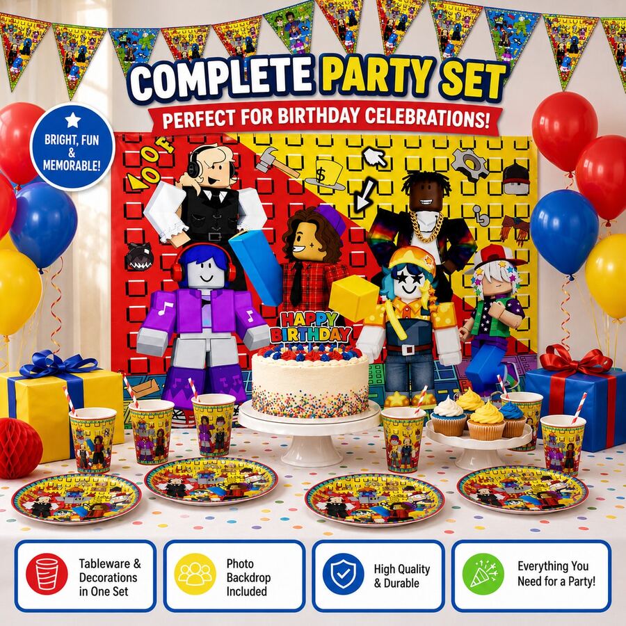 Roblox 31pcs Party Decoration Set, Includes 100x150cm Backdrop, 10 Triangle Banners, 10 Paper Cups, 10 Paper Plates, Disposable Tableware Set, Colorful Triangle Banner, Birthday Party Supplies, Celebration Decoration - A - View 1
