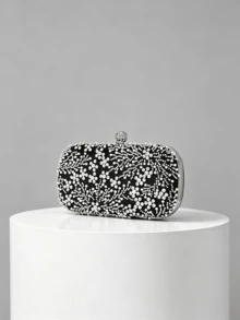 1pc Black Heavy Beaded Evening Clutch Bag, Silver White Pearl Rhinestone Woven Pattern, Spherical Full Rhinestone Lock, Hard Shell Box Shape, Detachable Chain, Party Wedding Evening Dress Matching Clutch - Black - View 2