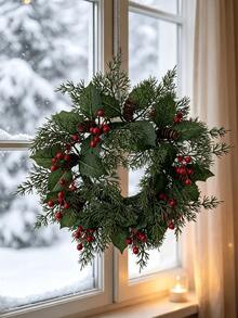 2pcs/1pc Artificial Plants, Artificial Christmas Pine Wreath, Faux Greenery Hanging Wreath Featuring Artificial Berries And Pine Cones, Christmas Decoration, Suitable For Home Wall Decor, Front Door, Indoor/Outdoor Decor, Window, Wall, Home Party, Holiday Party Arrangement, Winter, Christmas Home Decor, Christmas, Table Centerpiece Decor, Fireplace Decor, Outdoor Decor, Garden Decor, Scene Arrangement - Dark Green - View 6
