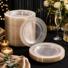 50/25/10pcs 10.25" And 7.5" Clear Hammered Double Gold Rim Round Plates, Appetizer Dessert Serving Trays, Wedding Party Catering Tableware, Halloween Thanksgiving Friendsgiving Autumn, Large Capacity Set For Host And Guest Hospitality - View 2