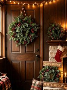 2pcs/1pc Artificial Plants, Artificial Christmas Pine Wreath, Faux Greenery Hanging Wreath Featuring Artificial Berries And Pine Cones, Christmas Decoration, Suitable For Home Wall Decor, Front Door, Indoor/Outdoor Decor, Window, Wall, Home Party, Holiday Party Arrangement, Winter, Christmas Home Decor, Christmas, Table Centerpiece Decor, Fireplace Decor, Outdoor Decor, Garden Decor, Scene Arrangement - Dark Green - View 7