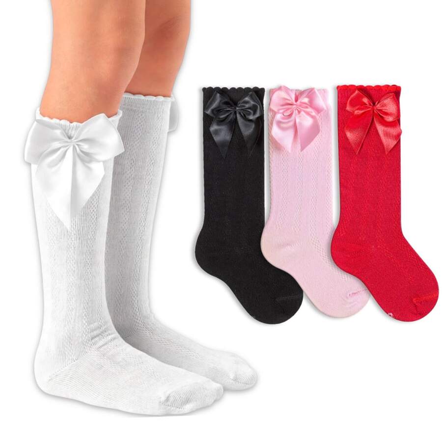 Girls' 3/4 Knee-High Party Socks With Satin Bow, 16-33, For Baptism, Wedding, Flower Girl, Social, Dance, Events, Elegant, School - 白色,黑色,粉紅色和紅色 - 查看 1