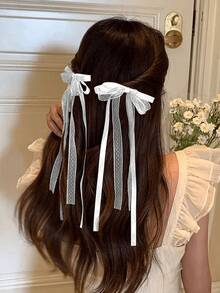 6pcs Elegant Lace & Satin Ribbon Bow Hair Clips, Exquisite Long Tail Hair Clips For Ponytail, Braided Hair And High-End Hairstyles - Multicolor - View 3