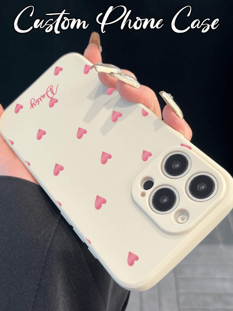 Cream White Background With Pink Small Hearts DIY Customized Phone Case, TPU Soft Shell With Customizable Text, Full Coverage Anti-Drop Protective Case For Girls, Compatible With Apple 18/18 Pro/18 Pro Max, 17/17 Pro/17 Pro Max, 16-11/Pro/Pro Max/Plus - Valentine's Day Gift/Apple Phone Case/Apple 16 Phone Case/Apple 17 Pro Max Phone Case/Apple 18 Phone Case - White - View 1