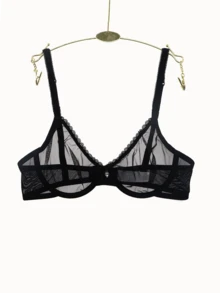 Women's Black Sexy Mesh Bra, Semi-Transparent Lace Trim Rhinestone Decor, Breathable Lingerie - Black - View 2